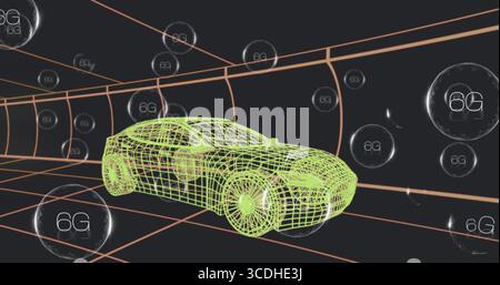 Conduire la voiture filaire verte néon à travers le tunnel de la grille orange, avec des sphères flottantes 6G. Banque D'Images