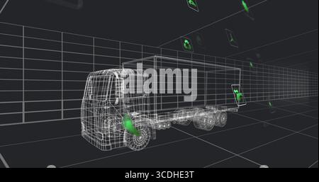 Modèle de semi-camion filaire roulant sur une grille gris foncé, avec icônes éco vertes flottantes Banque D'Images