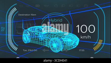 Affichage de la voiture filaire dans le tunnel, HUD électrique hybride montrant la vitesse, la batterie, la destination, l'heure Banque D'Images