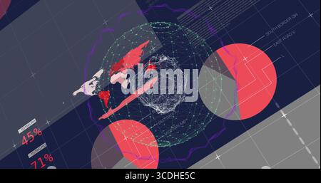 Tableau de bord montrant le globe filaire 3D dans l'interface graphique du système, avec des cercles rouges, des fragments de carte, un espace de copie Banque D'Images