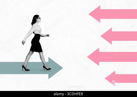 Croquis image tendance illustration montage photo 3D collage de la jeune femme d'affaires marche flèche différente direction progrès trader voie route Banque D'Images