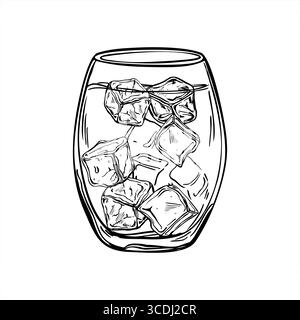 Verre avec boisson rafraîchissante et glaçons illustration vectorielle monochrome peinte par des encres noires. Dessin à la soude froide, au tonique ou à la grenaille d'eau. Illustration de Vecteur