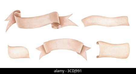 Ensemble aquarelle de rubans décoratifs et de bannières pour le placement de texte. Modèles décoratifs peints à la main illustration isolée pour invitations, salutations Banque D'Images