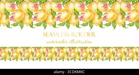 Bordure d'aquarelle horizontale avec des fruits de citron sur une branche avec des feuilles et des fleurs. Motif botanique sans couture pour bannières décoratives, menus, papiers peints et tissus. Banque D'Images
