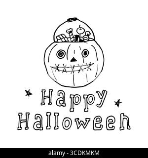 Modèle carré d'une citrouille effrayante avec des bonbons et un message d'Halloween manuscrit. Mise en page de carte postale dessinée à la main prête à l'emploi. Conception pour invitations, cartes de vœux et impressions. Eléments de conception. Illustration de Vecteur