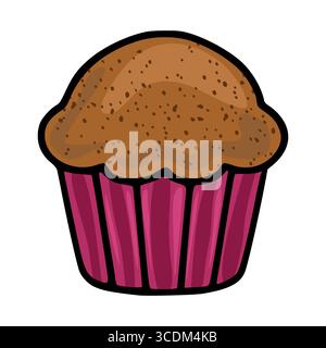 Illustration vectorielle d'un muffin au chocolat unique dans une tasse en papier marron, avec un style dessiné à la main avec une garniture brune texturée et un vertique distinct Illustration de Vecteur