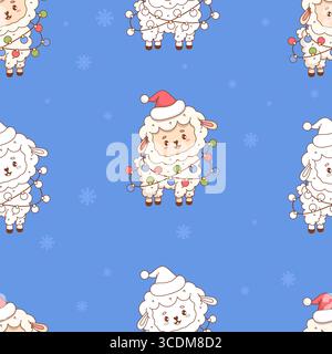Mouton de Noël mignon à motif sans couture dans le chapeau de Santa avec guirlande festive sur fond bleu avec des flocons de neige. Adorable Cartoon New Year Farm kawaii Anim Illustration de Vecteur