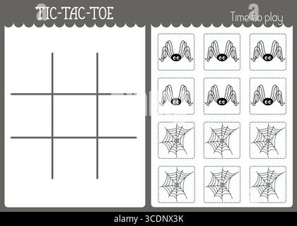 TIC-tac-toe ou noughts et croix modèle de grille de jeu pour enfants, araignée, toile d'araignée à découper, activité éducative amusante pour le développement de la pensée logique, feuille de travail imprimable pour le jeu de société, ressources pédagogiques Illustration de Vecteur