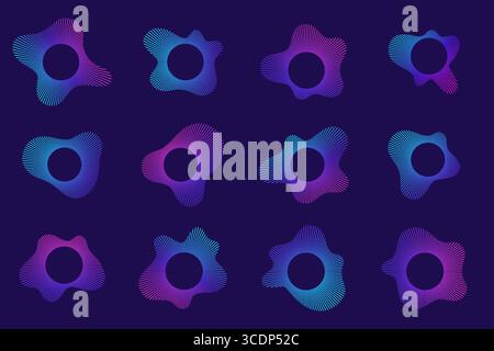 Ensemble d'ondes sonores circulaires avec lignes de néon dégradées pour la visualisation audio et les graphismes musicaux. Illustration de Vecteur