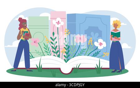 Femmes lisant des livres dans la scène de jardin. Illustration vectorielle Illustration de Vecteur