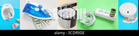 Collage d'appareils ménagers avec de l'argent sur fond de couleur Banque D'Images