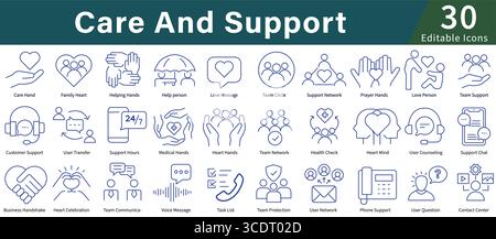 Icône Care and support définie dans le style de ligne avec vecteur modifiable pour la santé, l'assistance, l'aide et le service client Illustration de Vecteur