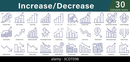 Augmenter l'icône diminuer définie dans le style de ligne avec vecteur modifiable pour la croissance, l'analyse, les graphiques et la visualisation des données Illustration de Vecteur