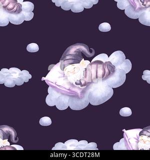 Gnomes mignons dormant sur le ciel nuageux, aquarelle sans couture motif sombre pour la conception des enfants. Illustration dessinée à la main d'elfes de nuit de rêves de fées. Magique Banque D'Images