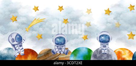 Ciel blanc et bleu, nuages, étoiles, Lune, astronautes, cosmonautes, planètes du système solaire composent cet espace de frontière sans couture Banque D'Images
