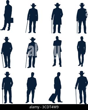 Cette illustration élégante présente une collection de silhouettes représentant diverses figures en tenue formelle, y compris des hommes avec des chapeaux et des cannes. Illustration de Vecteur