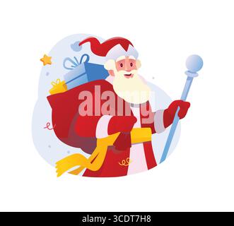 Illustration d'un joyeux Père Noël. Vecteur. Saint Nicolas avec un sac de cadeaux et un bâton. Russe Père Noël dans un costume rouge, le personnage Illustration de Vecteur