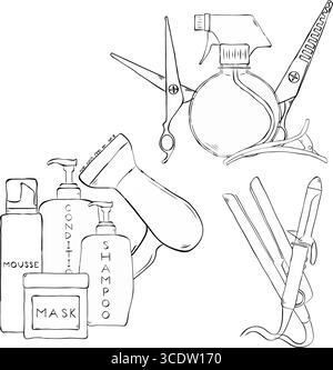 Ensemble de composition pour le traitement des cheveux pour la coupe des cheveux de coiffeur. Illustration vectorielle d'encre de ligne graphique. ciseaux, bigoudi, conception de bouteilles de shampooing pour les graphismes de mode, te Illustration de Vecteur