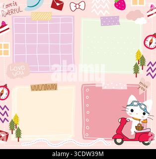 jolie chatte sur l'ensemble de vecteur de papeterie de scooter Illustration de Vecteur