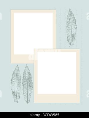 Collage vintage de livre photo, cadres et feuilles de menthe imprimés sur fond pastel bleu. Illustration vectorielle Illustration de Vecteur