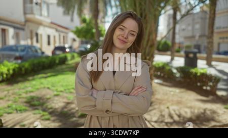 Femme souriant avec les bras croisés portant un trench beige dans un parc ensoleillé avec de l'herbe verte ; rejet. Banque D'Images
