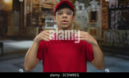 Jeune homme hispanique portant un chapeau rouge et un t-shirt rouge fait un geste de signe OK avec les mains dans le bâtiment ; approbation calme. Banque D'Images