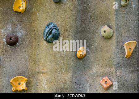 Vue rapprochée de prises d'escalade colorées sur un mur de roche artificielle. Banque D'Images
