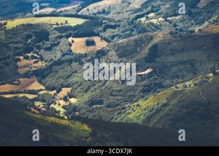 Photo téléphoto d'un majestueux oiseau de proie planant gracieusement au-dessus d'une vallée verdoyante et de terres agricoles patchwork, entouré de collines, de forêts, ensoleillé Banque D'Images