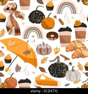 Motif sans couture d'automne dessiné à la main avec bonbons d'automne, citrouilles mignonnes et feuilles d'automne. Illustration vectorielle Illustration de Vecteur