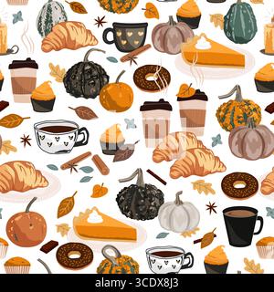 Motif sans couture d'automne dessiné à la main avec bonbons d'automne, citrouilles mignonnes et feuilles d'automne. Illustration vectorielle. Illustration de Vecteur