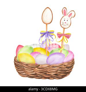 Jaune, violet, vert, rose et blanc aquarelle oeufs de Pâques dans un panier en osier. Biscuits sur bâtonnets. Joyeux clipart alimentaire de Pâques. Illustration dessinée à la main f Banque D'Images