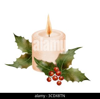 Illustration aquarelle dessinée à la main d'une bougie de Noël brûlante avec des feuilles de houx et des baies sur fond blanc. Parfait pour les cartes de vœux, invita Banque D'Images