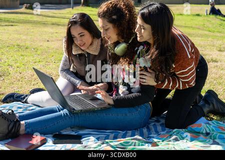 Trois étudiants universitaires collaborent à un projet à l'aide d'un ordinateur portable, profitant du temps agréable dans un parc Banque D'Images