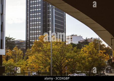 Espagne, Madrid. 19 novembre 2023 High car Bridge. Architecture moderne dans une métropole. Développement multi-étages, immeuble de bureaux dans un quartier d'affaires Banque D'Images
