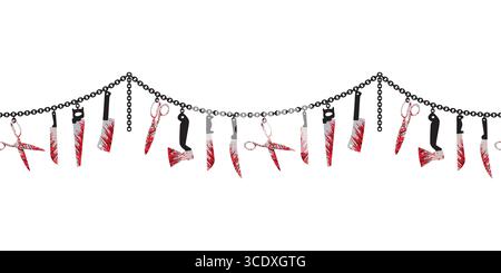 Modèle vectoriel de frontière sans couture de Halloween Zombie Vampire Party. Couteau sanglant, élément de conception de dessin animé de scie à main. Ensemble de symboles horreur d'Halloween isolé. Illustration de Vecteur