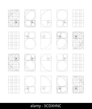 Grand ensemble de modèle de ratio d'or. Tableau de Fibonacci, forme de nombres. Méthode des échantillons simples de section dorée. Cadres noirs plats Harmony proportions. Contour Illustration de Vecteur