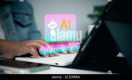 Intégration de l'intelligence artificielle dans le flux de travail, la technologie et l'innovation de l'entreprise. Professionnel utilisant un logiciel alimenté par IA dans un bureau moderne, moder Banque D'Images