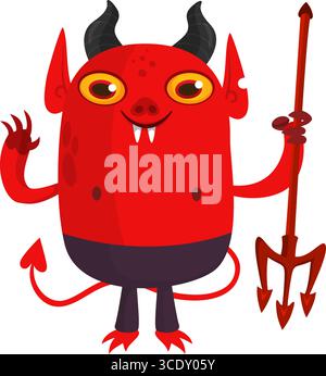 Dessin animé drôle de personnage de diable rouge tenant le trident de fourche avec la longue queue. Illustration vectorielle d'Halloween isolée Illustration de Vecteur