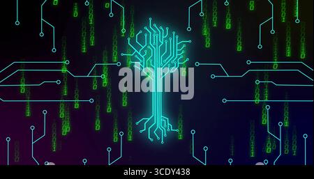 Circuit en forme d'arbre cyan lumineux montrant des traces et des chiffres binaires sur fond de gradient sombre. Numérique, futuriste, technologie, réseau, innovation, Banque D'Images