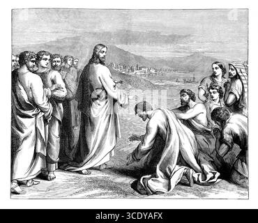 Illustration d'esprits impurs tombant devant Christ 's'exclamant que vous êtes le fils de Dieu' Jésus Christ leur disant de ne pas le faire connaître (Marc Banque D'Images
