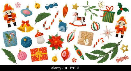 Collection de Noël de jouets de Noël vintage, plantes Evergreen, bonbons et boîtes cadeaux. Illustration vectorielle texturée dans le style Illustration de Vecteur