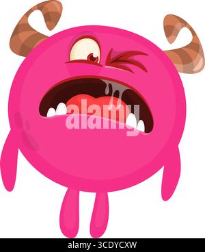 Monstre mignon de dessin animé avec expression de visage excité drôle agitant les mains. Illustration vectorielle isolée sur blanc. Motif Halloween. Illustration de Vecteur