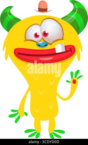 Monstre mignon de dessin animé avec expression de visage excité drôle agitant les mains. Illustration vectorielle isolée sur blanc. Motif Halloween Illustration de Vecteur