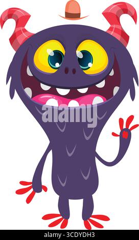 Monstre mignon de dessin animé avec expression de visage excité drôle agitant les mains. Illustration vectorielle isolée sur blanc. Motif Halloween Illustration de Vecteur