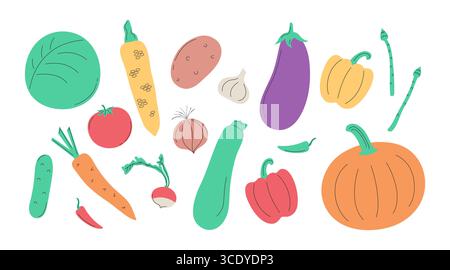 Légumes dessinés à la main. Icônes végétales de dessin animé. Illustration vectorielle Illustration de Vecteur