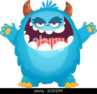 Monstre mignon de dessin animé avec expression de visage excité drôle agitant les mains. Illustration vectorielle isolée sur blanc. Motif Halloween. Illustration de Vecteur