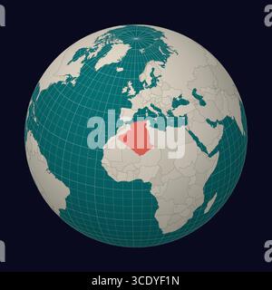 République algérienne démocratique et populaire sur la carte Globe centré sur l'Algérie. Emplacement du pays sur la carte du monde. Palette de couleurs sarcelle menthe pâle. Illustration de Vecteur