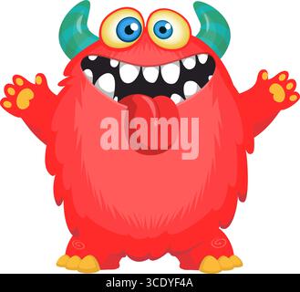 Monstre mignon de dessin animé avec expression de visage excité drôle agitant les mains. Illustration vectorielle isolée sur blanc. Motif Halloween. Illustration de Vecteur