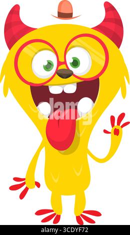 Monstre mignon de dessin animé avec expression de visage excité drôle agitant les mains. Illustration vectorielle isolée sur blanc. Motif Halloween Illustration de Vecteur