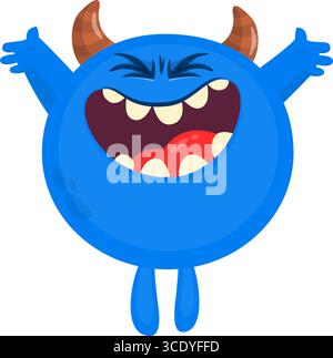 Monstre mignon de dessin animé avec expression de visage excité drôle agitant les mains. Illustration vectorielle isolée sur blanc. Motif Halloween. Illustration de Vecteur